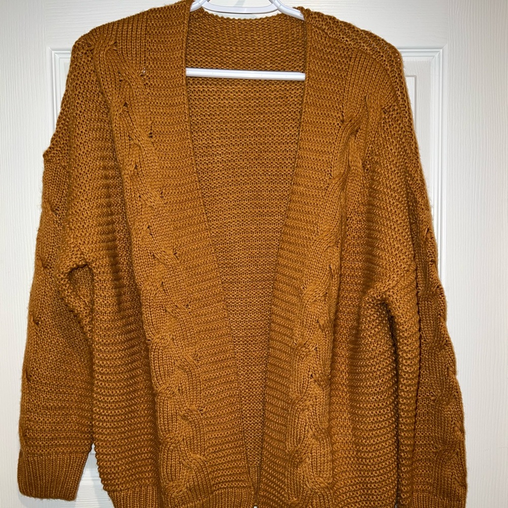 Medium chunky knit cardigan, dark mustard yellow